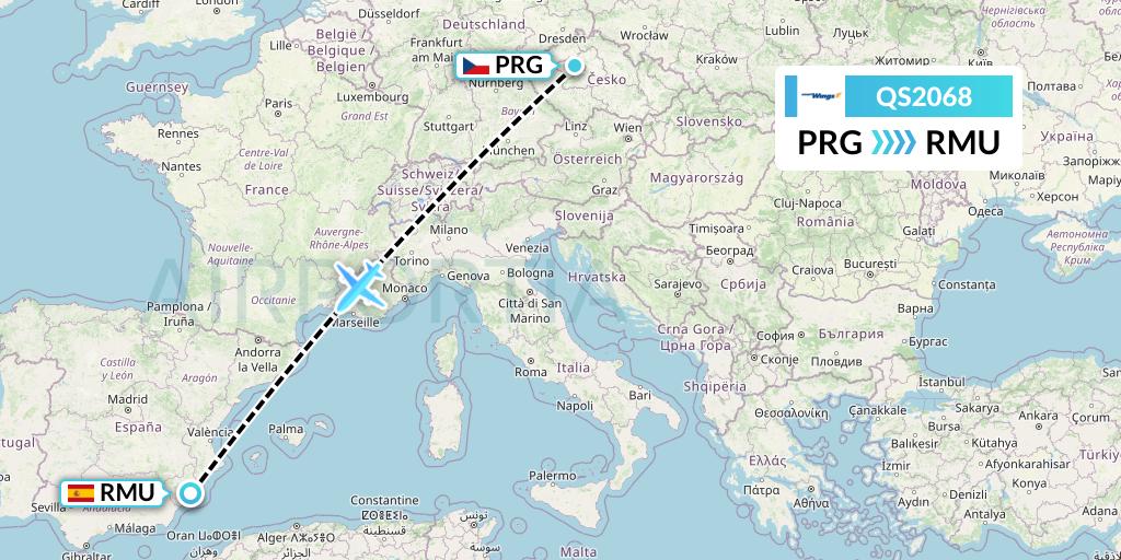 QS2068 Smartwings Flight Map: Prague to Murcia