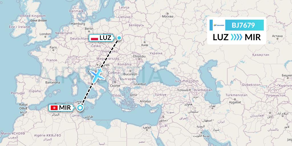 BJ7679 Nouvelair Tunisie Flight Map: Lublin to Monastir