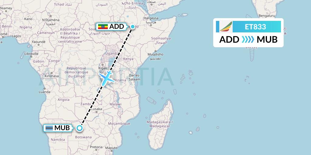 ET833 Ethiopian Airlines Flight Map: Addis Ababa to Maun