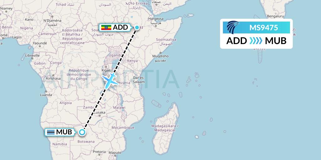 MS9475 EgyptAir Flight Map: Addis Ababa to Maun