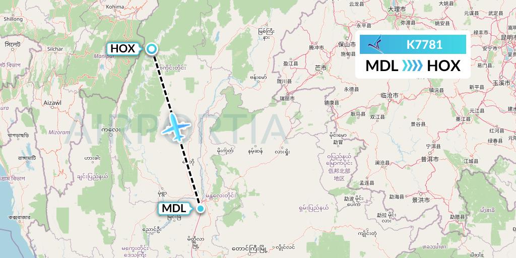 K7781 Air KBZ Flight Map: Mandalay to Hommalinn