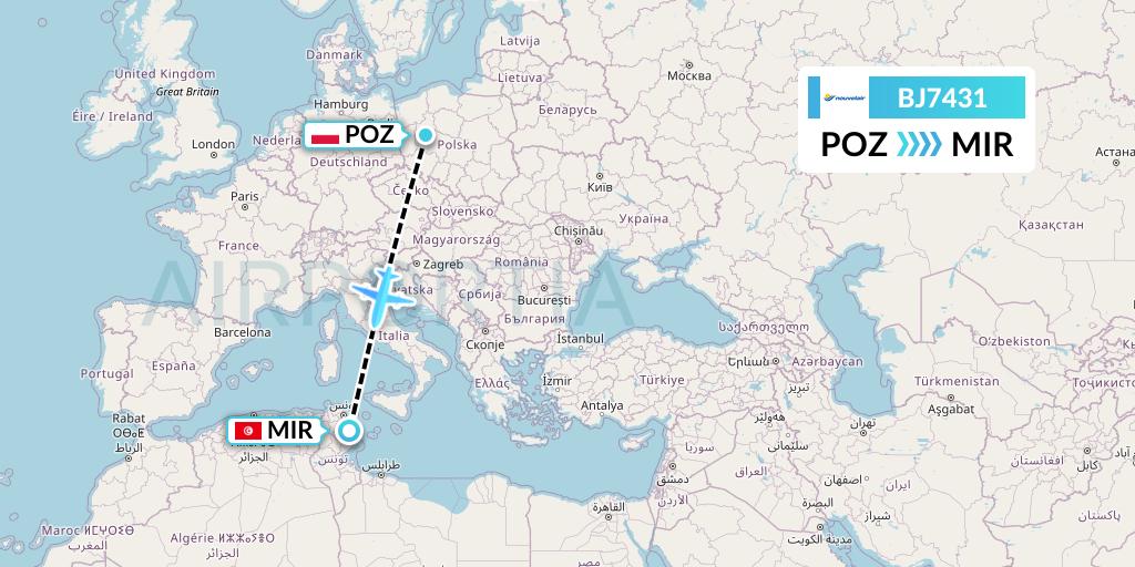 BJ7431 Nouvelair Tunisie Flight Map: Poznan to Monastir