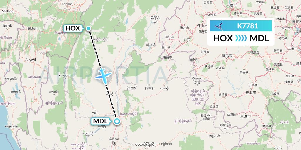 K7781 Air KBZ Flight Map: Hommalinn to Mandalay
