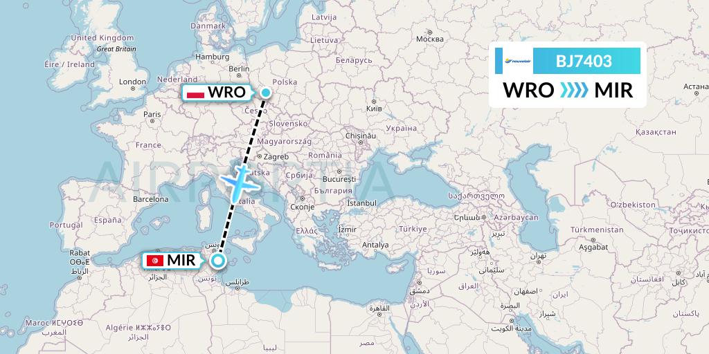 BJ7403 Nouvelair Tunisie Flight Map: Wroclaw to Monastir
