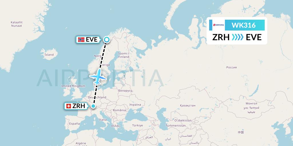 WK316 Edelweiss Air Flight Map: Zurich to Harstad
