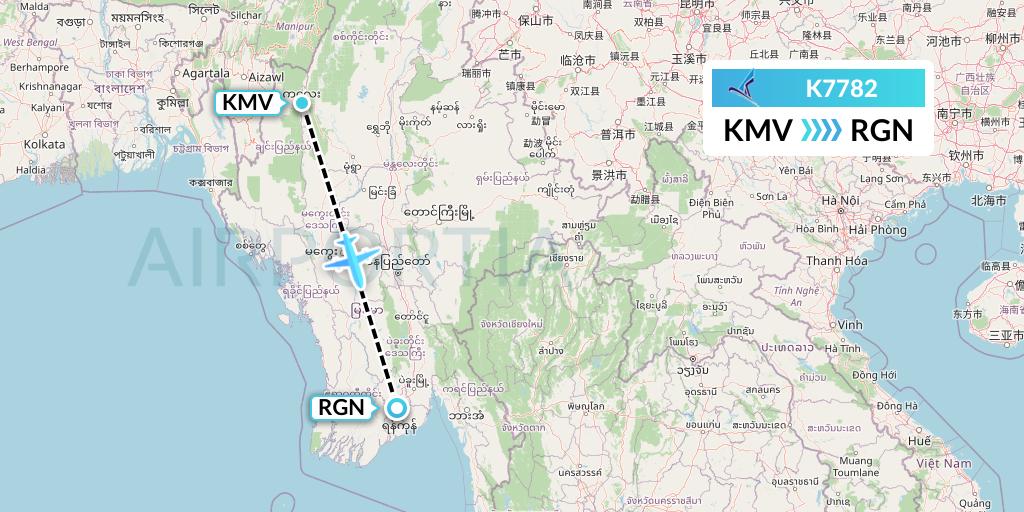 K7782 Air KBZ Flight Map: Kalemyo to Yangon