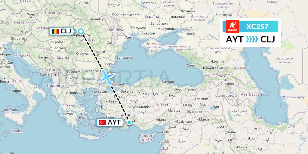 XC257 Corendon Airlines Flight Map: Antalya to Cluj-Napoca