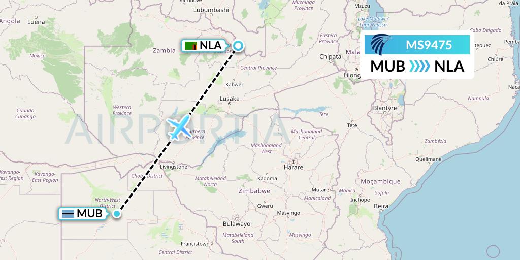 MS9475 EgyptAir Flight Map: Maun to Ndola
