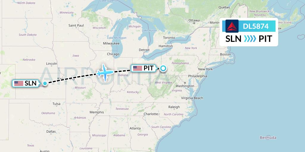 DL5874 Delta Air Lines Flight Map: Salina to Pittsburgh