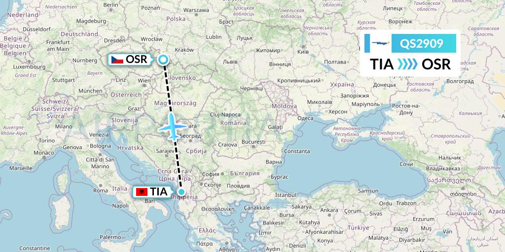 QS2909 Smartwings Flight Map: Tirana to Ostrava