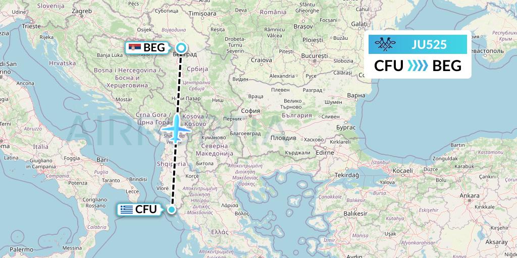 JU525 AirSERBIA Flight Map: Corfu to Belgrade