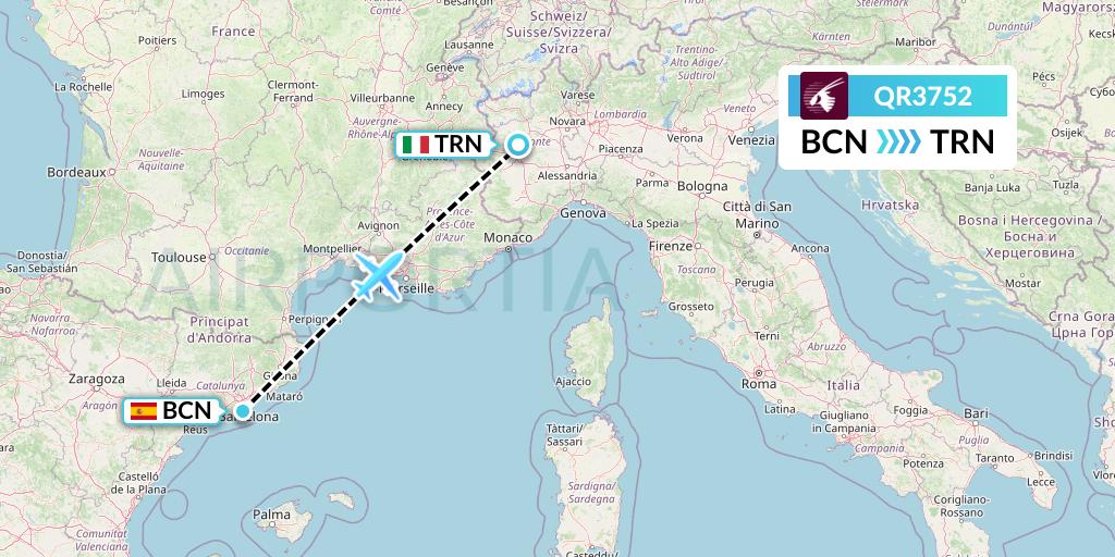QR3752 Qatar Airways Flight Map: Barcelona to Turin