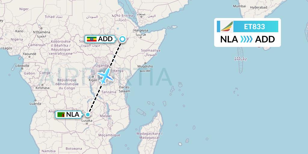 ET833 Ethiopian Airlines Flight Map: Ndola to Addis Ababa