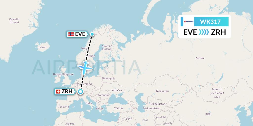 WK317 Edelweiss Air Flight Map: Harstad to Zurich