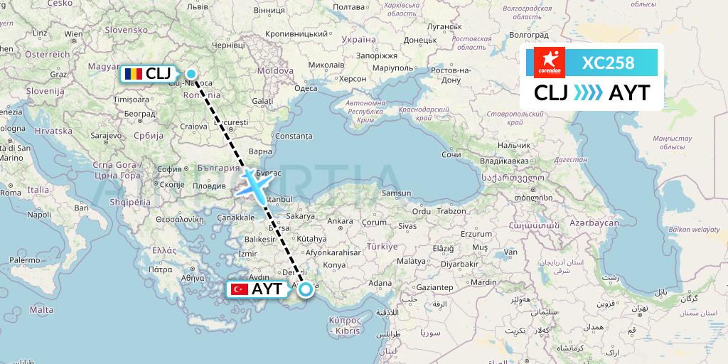 XC258 Corendon Airlines Flight Map: Cluj-Napoca to Antalya