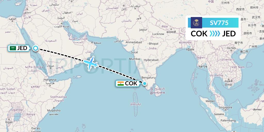SV775 Saudi Arabian Airlines Flight Map: Cochin to Jeddah