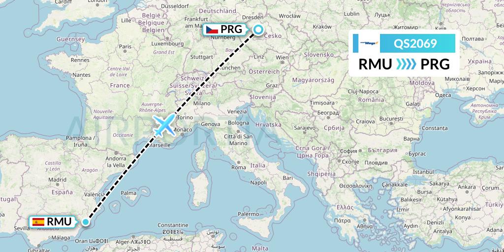 QS2069 Smartwings Flight Map: Murcia to Prague