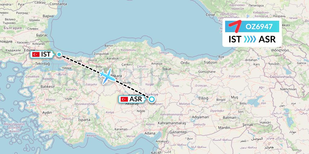 OZ6947 Asiana Airlines Flight Map: Istanbul to Kayseri
