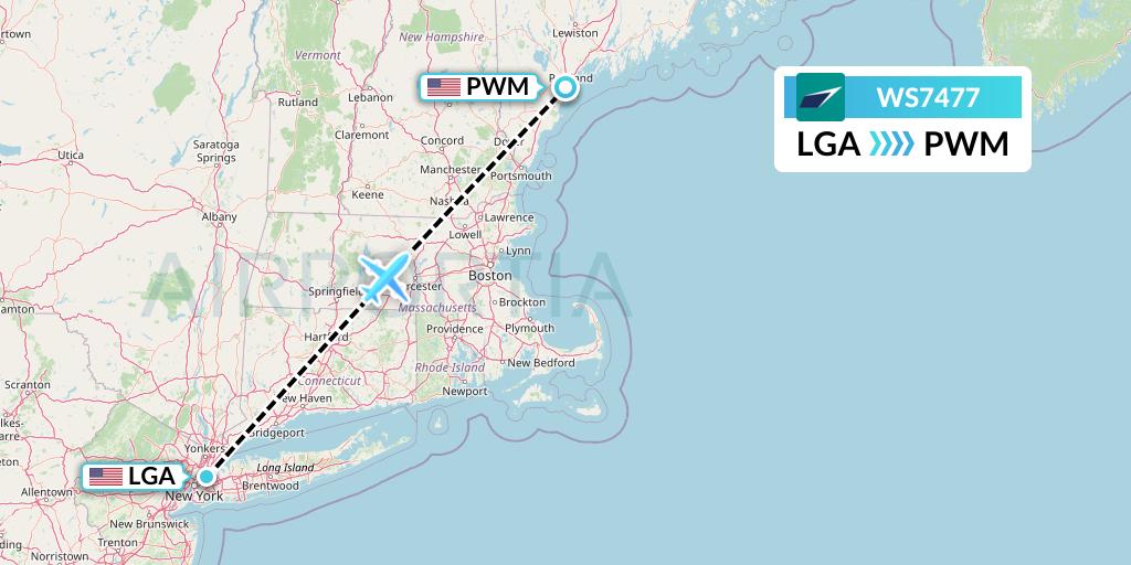 WS7477 WestJet Flight Map: New York to Portland