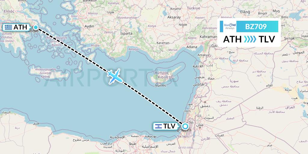 BZ709 Bluebird Airways Flight Map: Athens to Tel Aviv