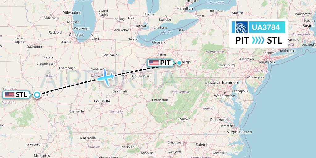 UA3784 United Airlines Flight Map: Pittsburgh to St. Louis