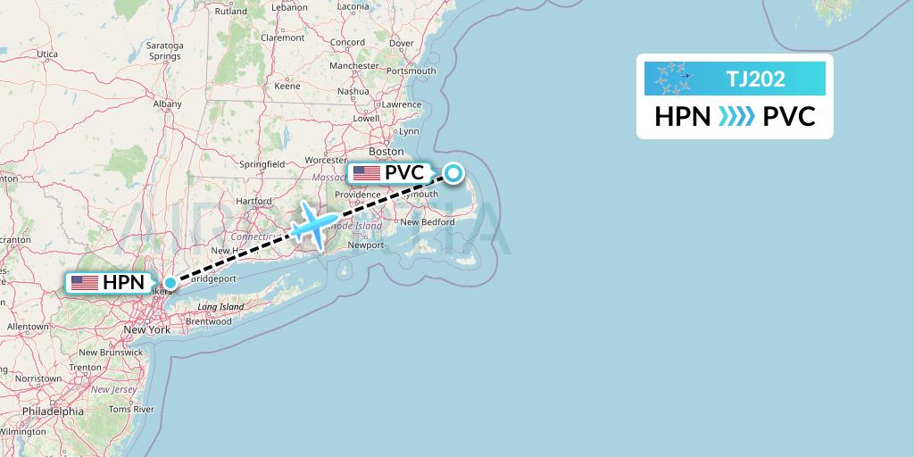 TJ202 Tradewind Aviation Flight Map: White Plains to Provincetown