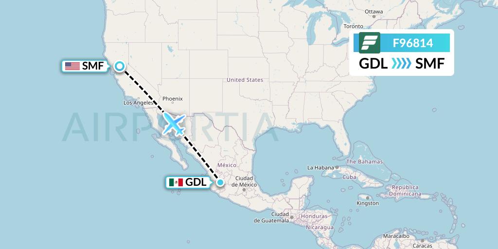 F96814 Frontier Airlines Flight Map: Guadalajara to Sacramento