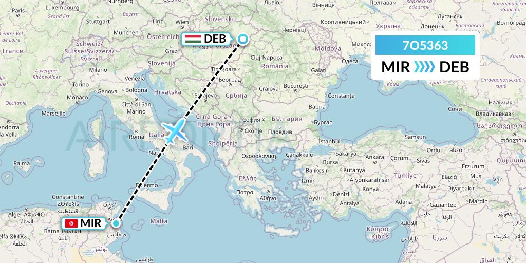 7O5363 Travel Service Hungary Flight Map: Monastir to Debrecen