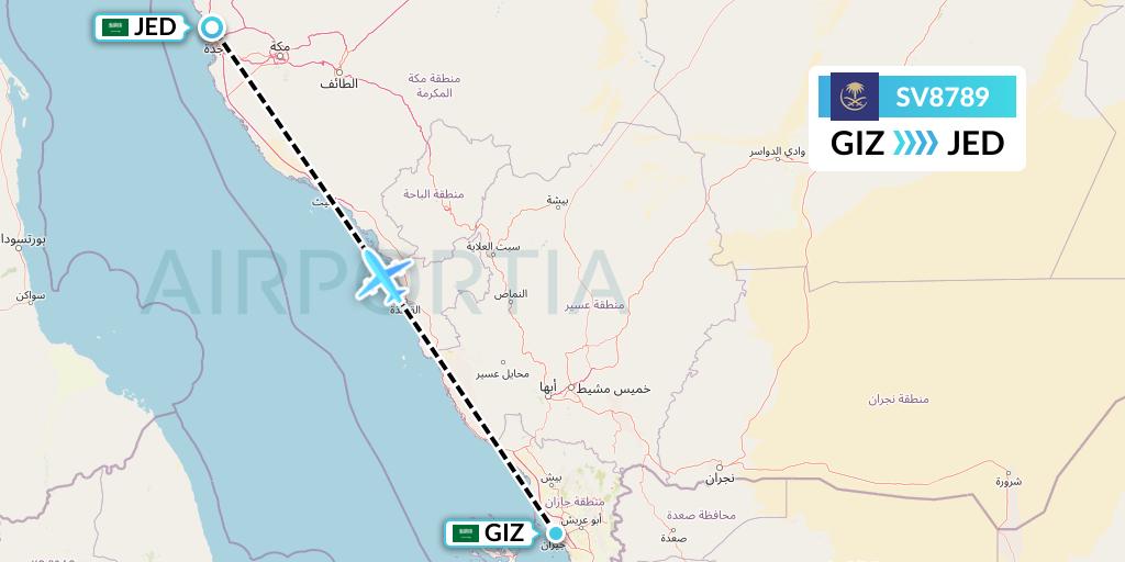 SV8789 Saudi Arabian Airlines Flight Map: Jizan to Jeddah