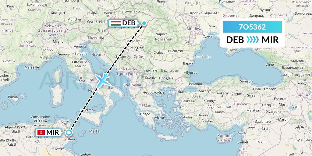 7O5362 Travel Service Hungary Flight Map: Debrecen to Monastir