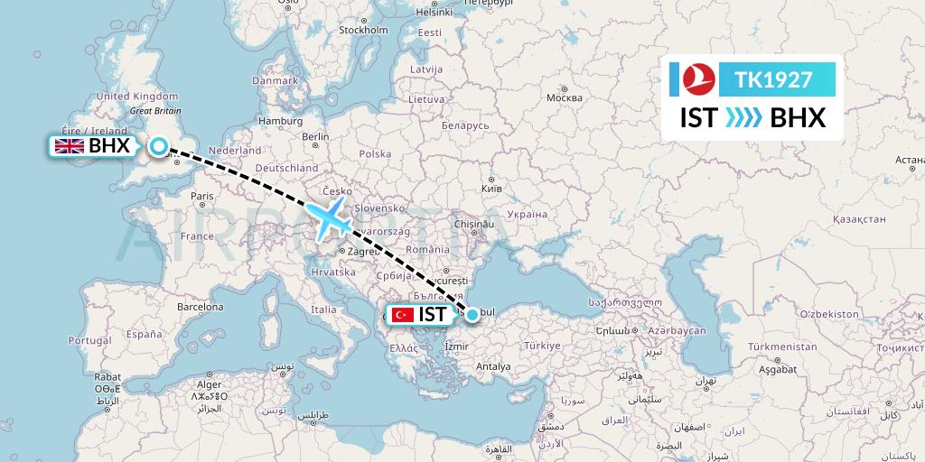 TK1927 Turkish Airlines Flight Map: Istanbul to Birmingham