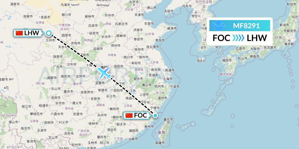 MF8291 Xiamen Airlines Flight Map: Fuzhou to Lanzhou