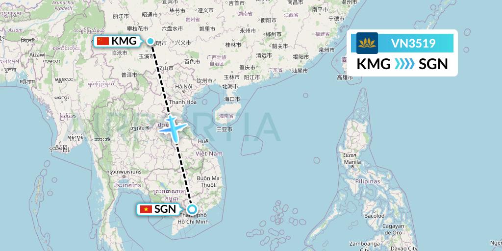VN3519 Vietnam Airlines Flight Map: Kunming to Ho Chi Minh City
