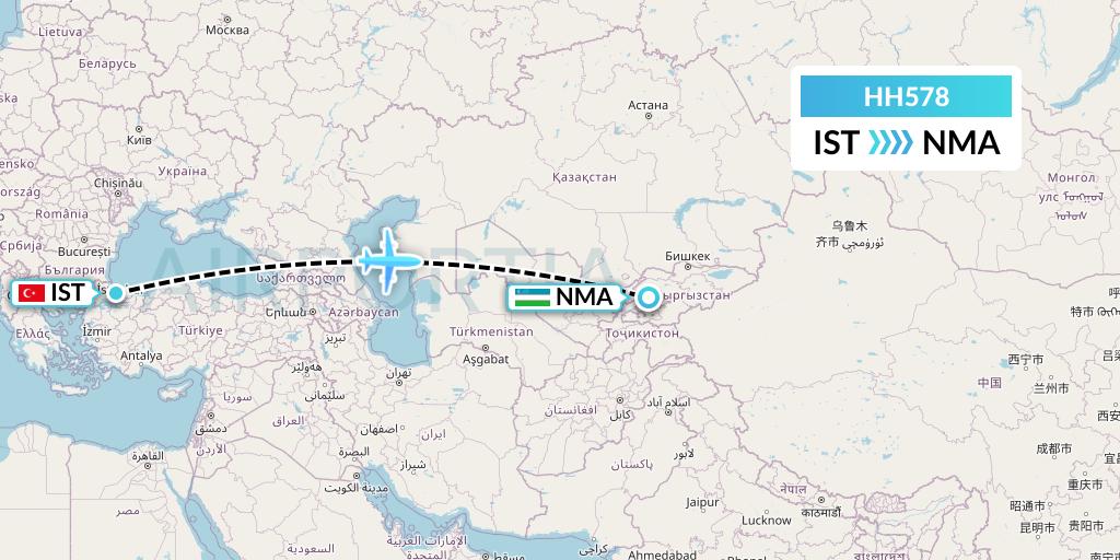 HH578 Qanot Sharq Flight Map: Istanbul to Namangan