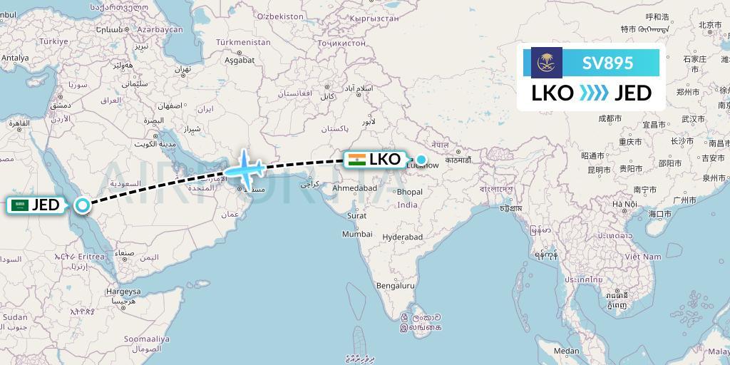 SV895 Saudi Arabian Airlines Flight Map: Lucknow to Jeddah