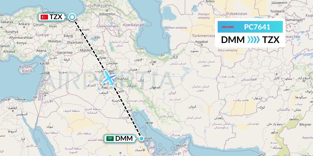 PC7641 Pegasus Airlines Flight Map: Dammam to Trabzon