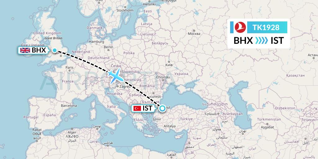 TK1928 Turkish Airlines Flight Map: Birmingham to Istanbul