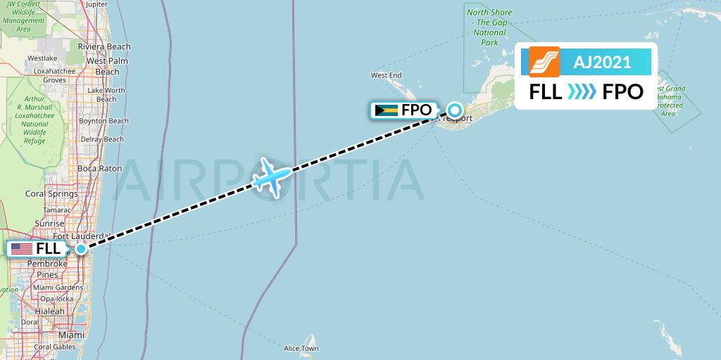 AJ2021 Aztec Airways Flight Map: Fort Lauderdale to Freeport