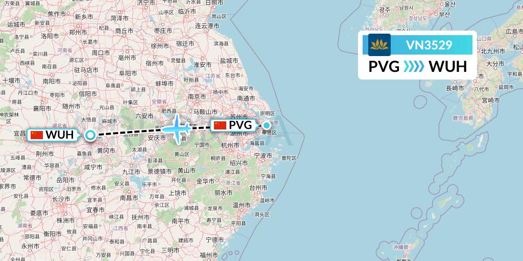VN3529 Vietnam Airlines Flight Map: Shanghai to Wuhan