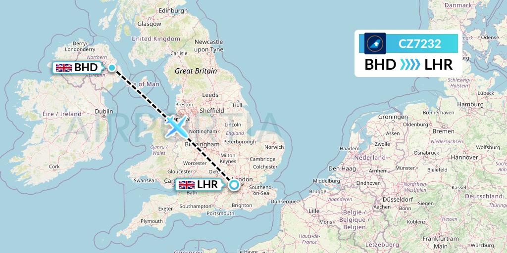 CZ7232 China Southern Airlines Flight Map: Belfast to London