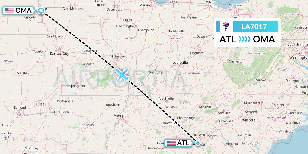 LA7017 LAN Airlines Flight Map: Atlanta to Omaha