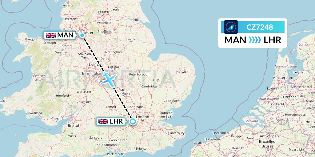 CZ7248 China Southern Airlines Flight Map: Manchester to London