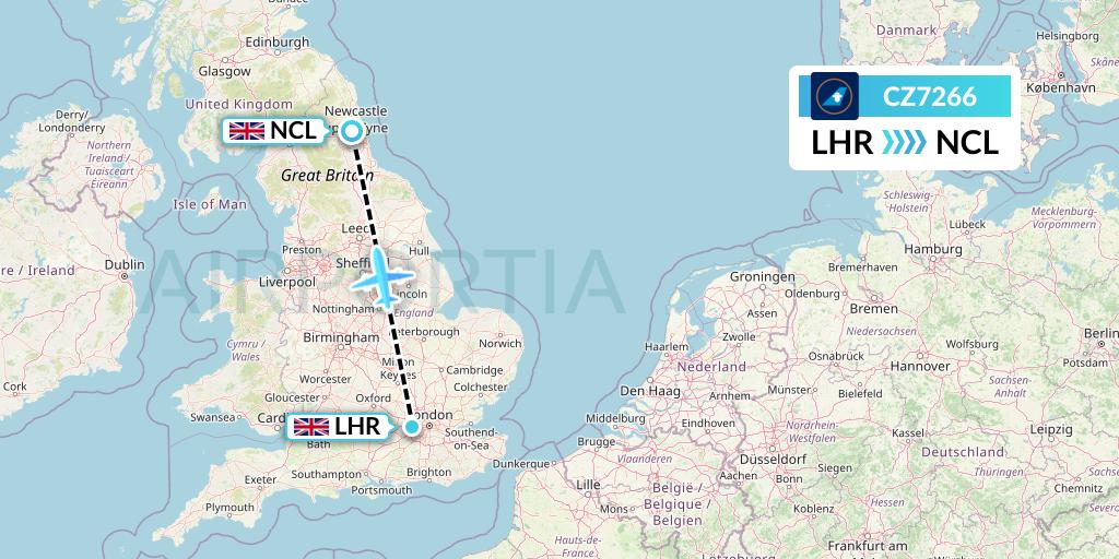 CZ7266 China Southern Airlines Flight Map: London to Newcastle