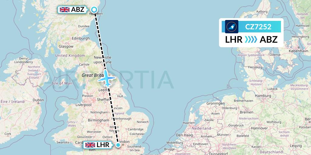 CZ7252 China Southern Airlines Flight Map: London to Aberdeen