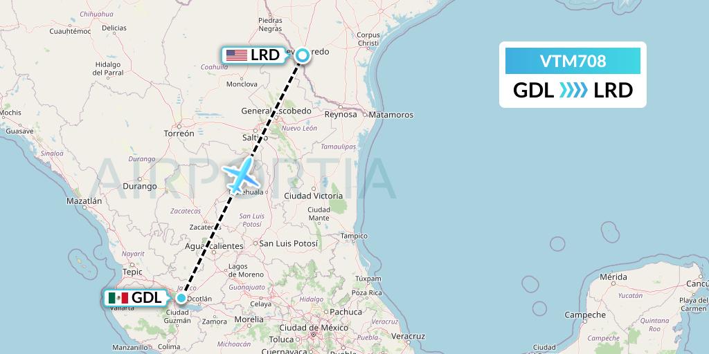 VTM708 Aeronaves TSM Flight Map: Guadalajara to Laredo