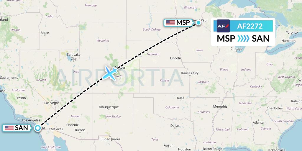 AF2272 Air France Flight Map: Minneapolis to San Diego
