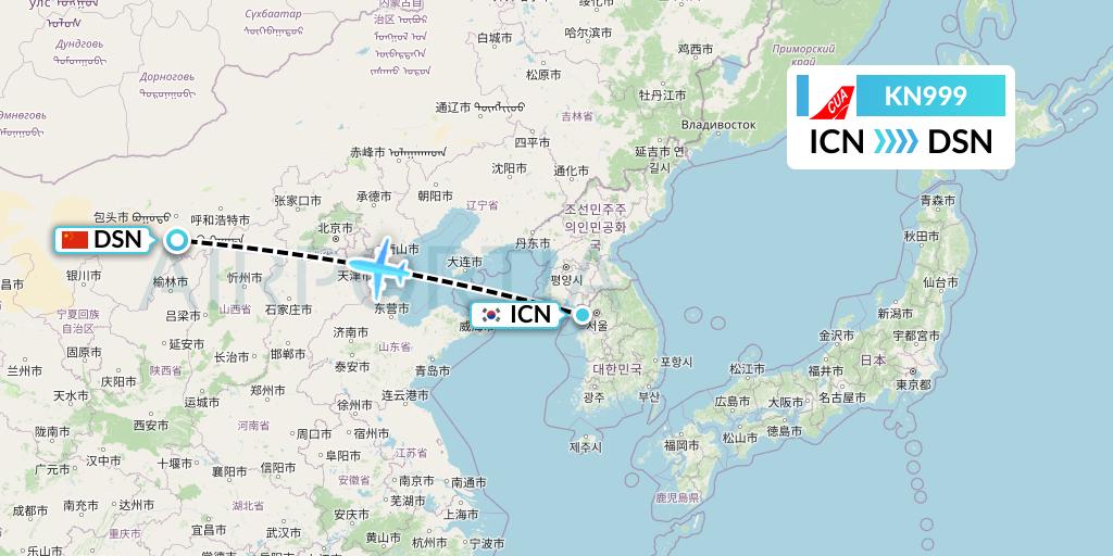 KN999 China United Airlines Flight Map: Seoul to Dongsheng