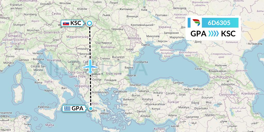 6D6305 Travel Service Slovakia Flight Map: Patras to Kosice