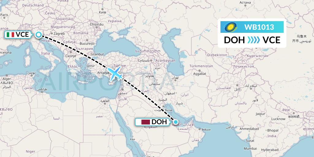 WB1013 RwandAir Flight Map: Doha to Venice