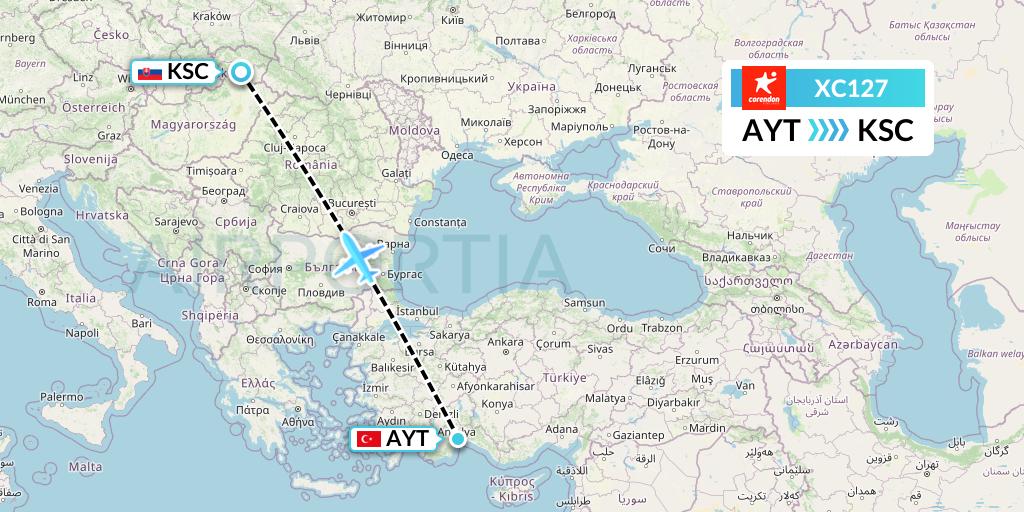 XC127 Corendon Airlines Flight Map: Antalya to Kosice